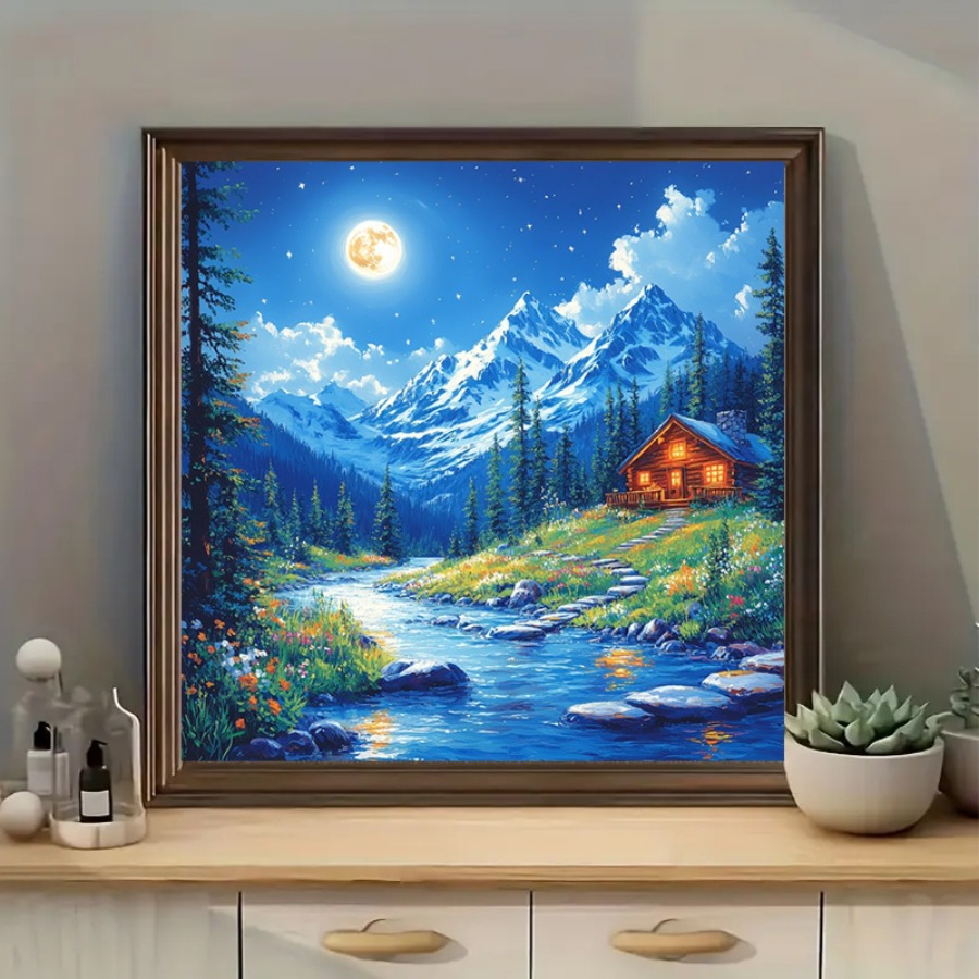 Party Games Stream - Maanlicht Sneeuw Berg Cottage Stream Jigsaw